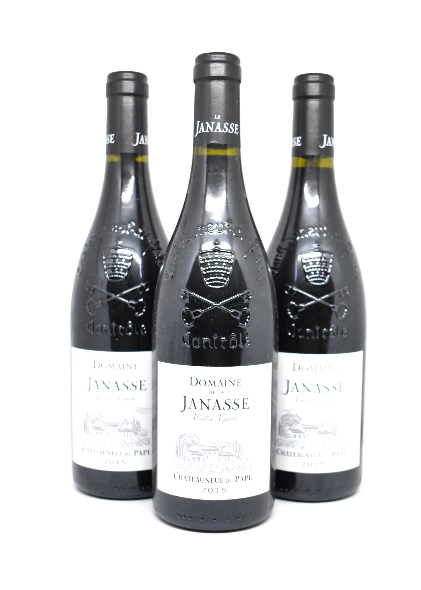 Gros plan étiquette d origine impeccable Janasse Vieilles Vignes 2015 garantie d authenticité