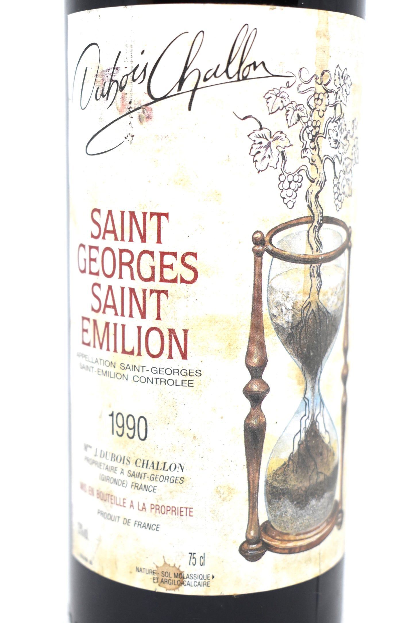 Bordeaux 1990, Saint-Georges-Saint-Émilion, étiquette magnifique, sablier et temps qui passe