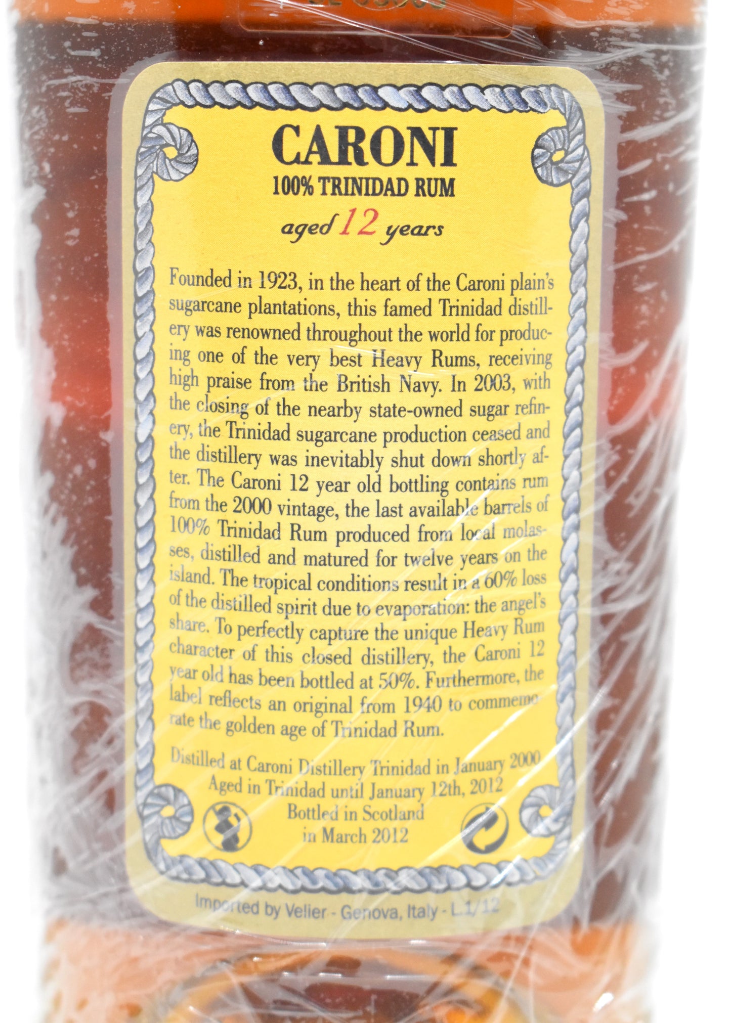 Contre-étiquette Caroni 12 ans 50% vol. détails historiques