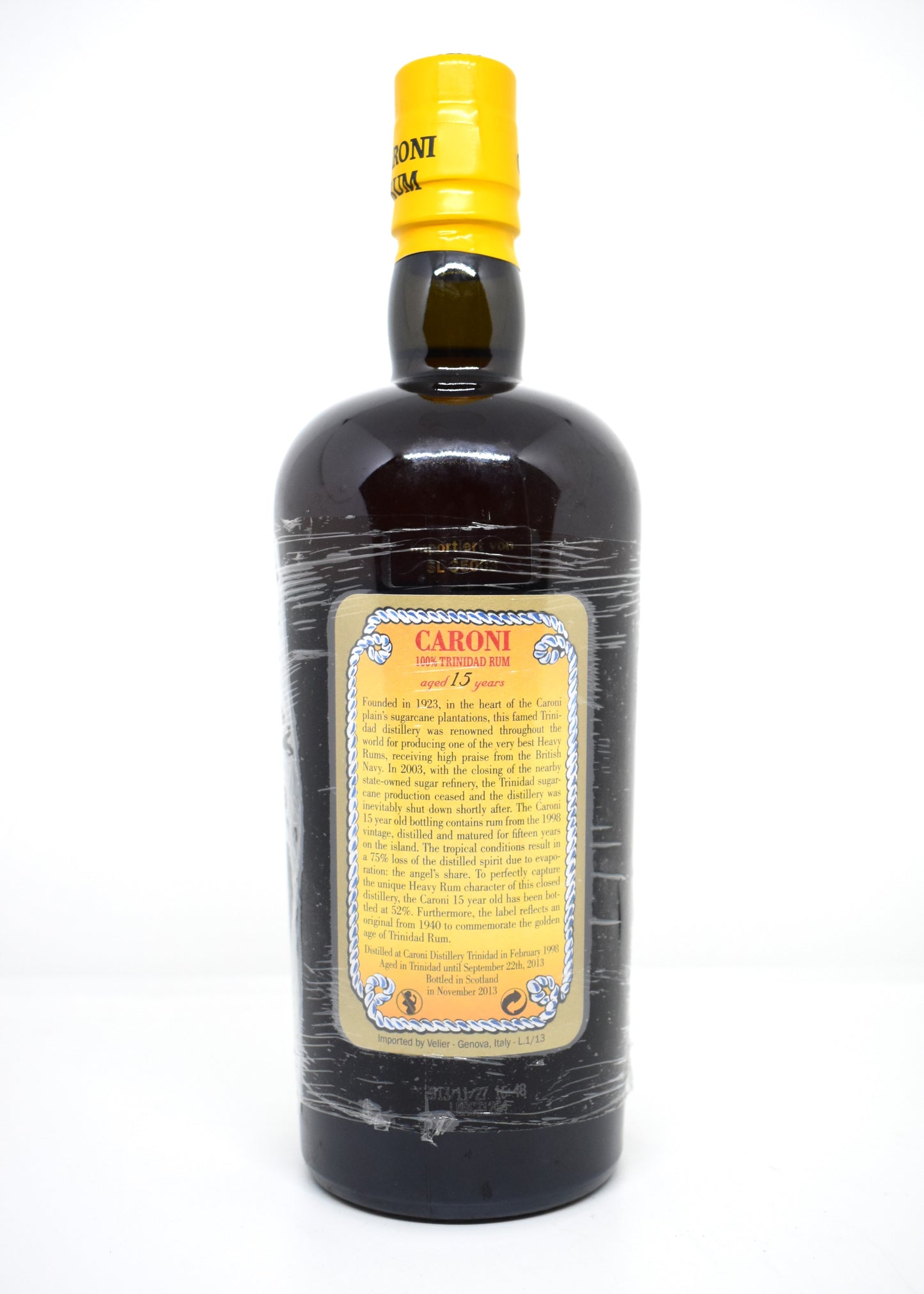 Contre-étiquette Caroni 15 ans 52% vol. historique Velier