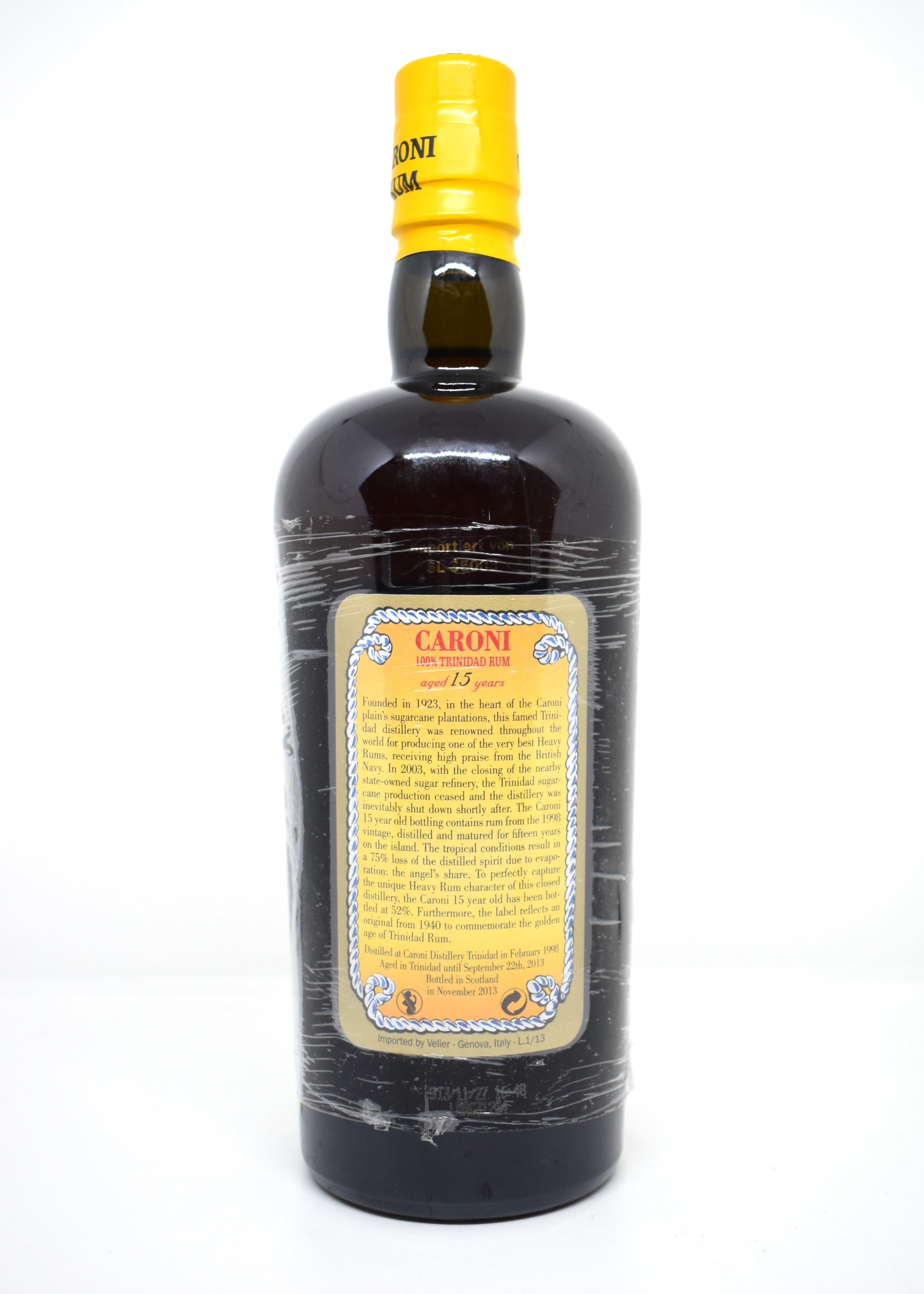 Contre-étiquette Caroni 15 ans 52% vol. historique Velier