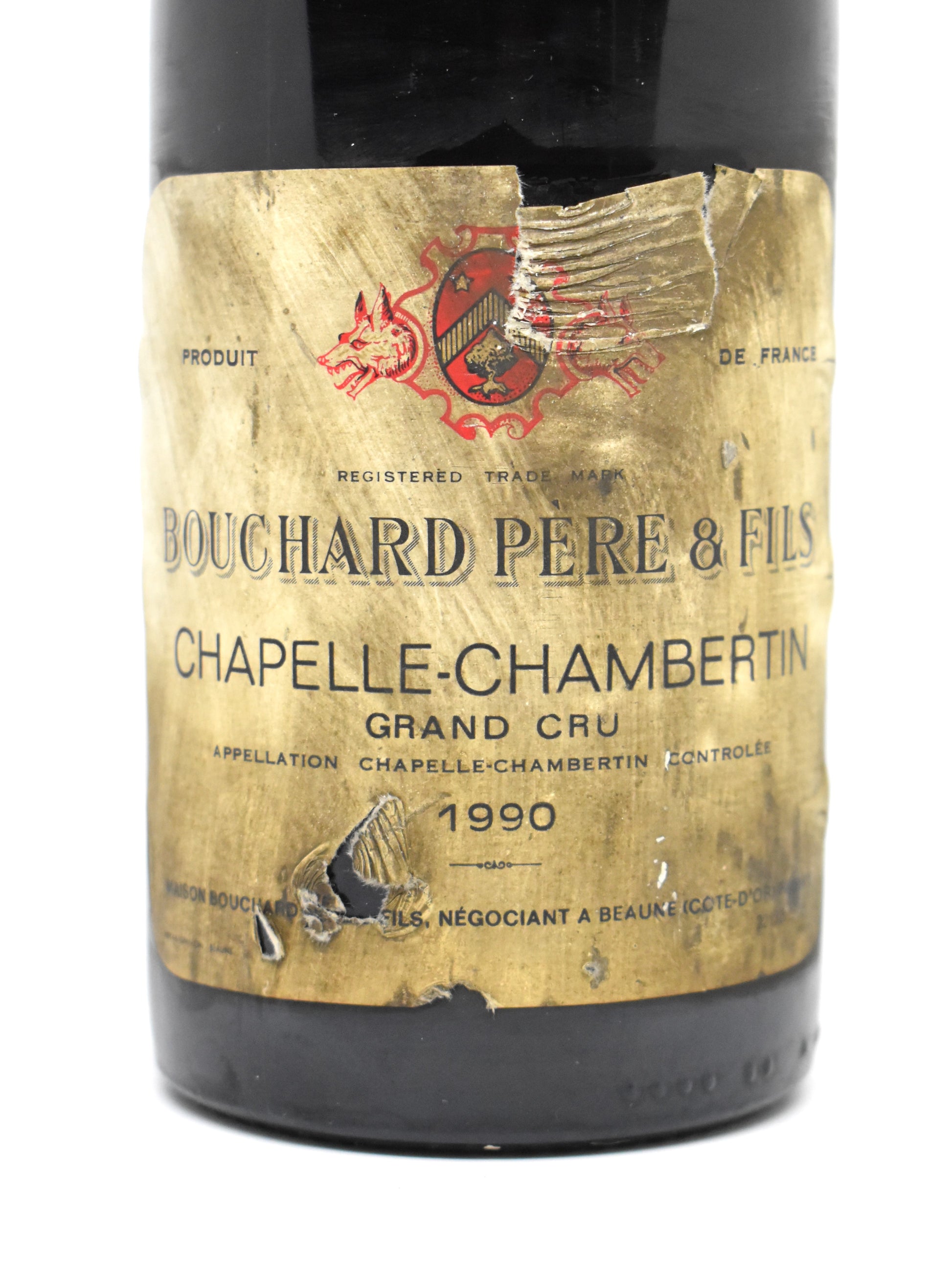 Étiquette Bouchard Père & Fils Chapelle-Chambertin 1990 abîmée lue