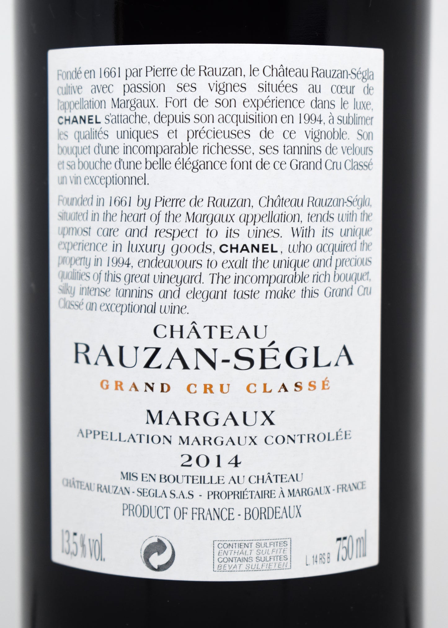 Vin de luxe CHANEL - Vin de garde Margaux 2014 pour cave collectionneur