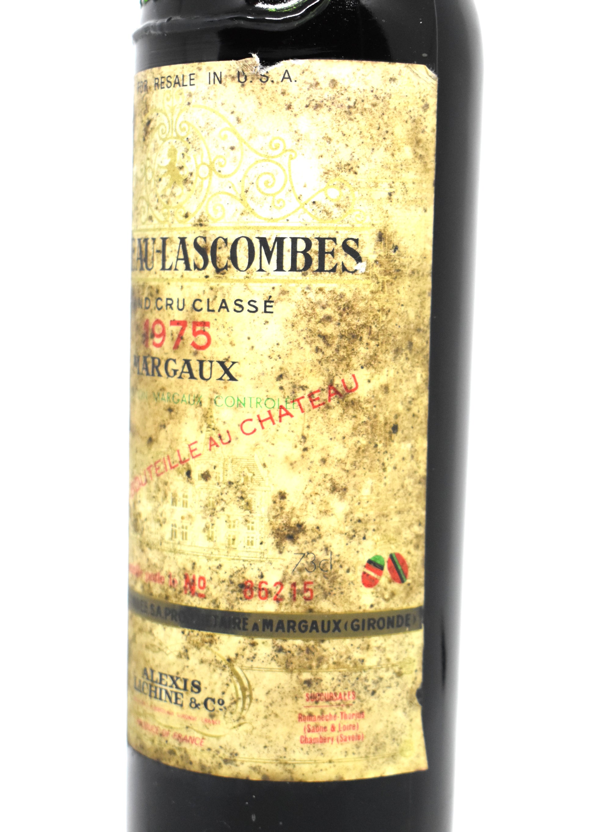 Aged Margaux red wine Chateau Lascombes 1975 engraved glass collector bottle