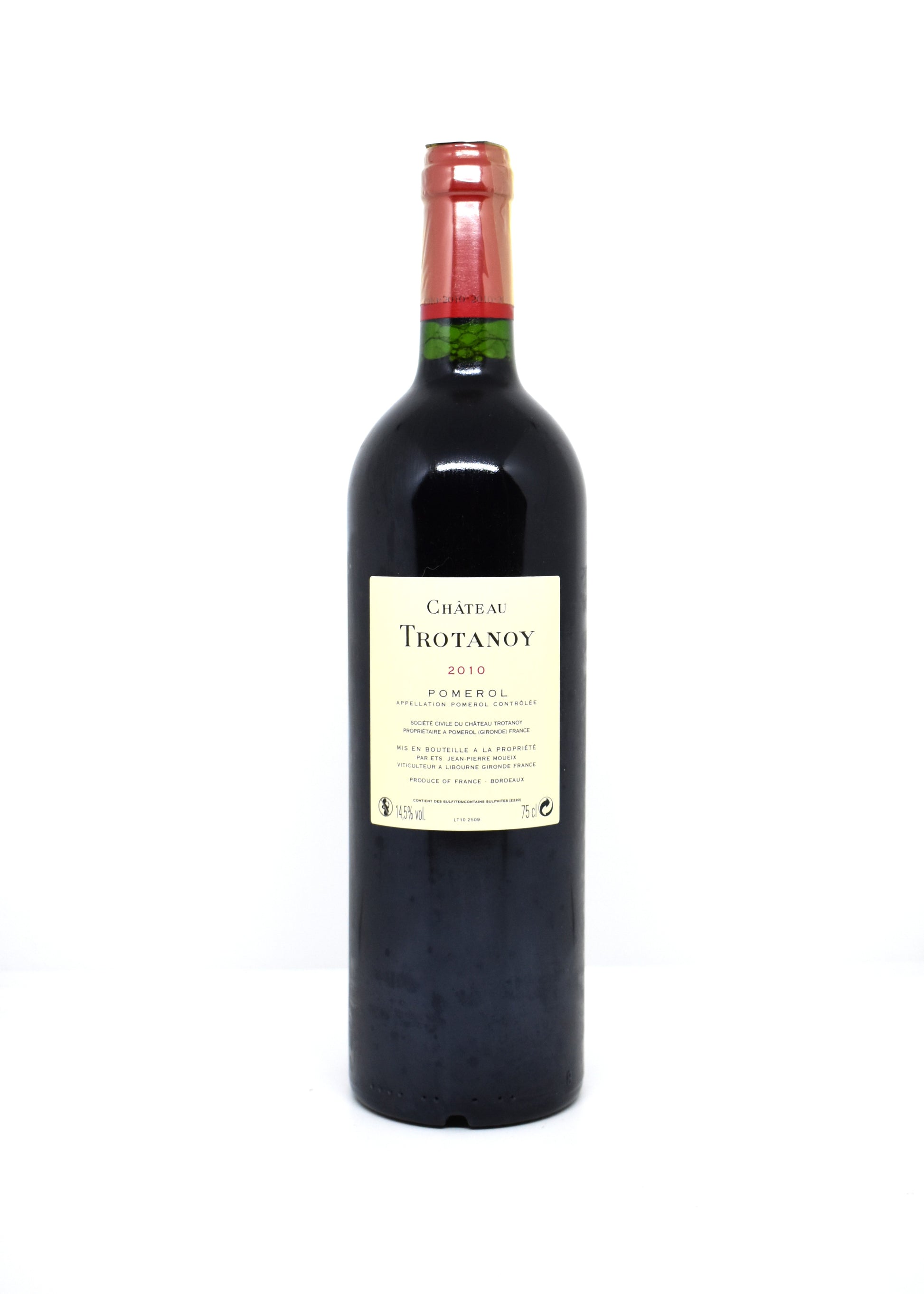 Zoom niveau parfait bouteille Château Trotanoy 2010 - État de conservation clinique