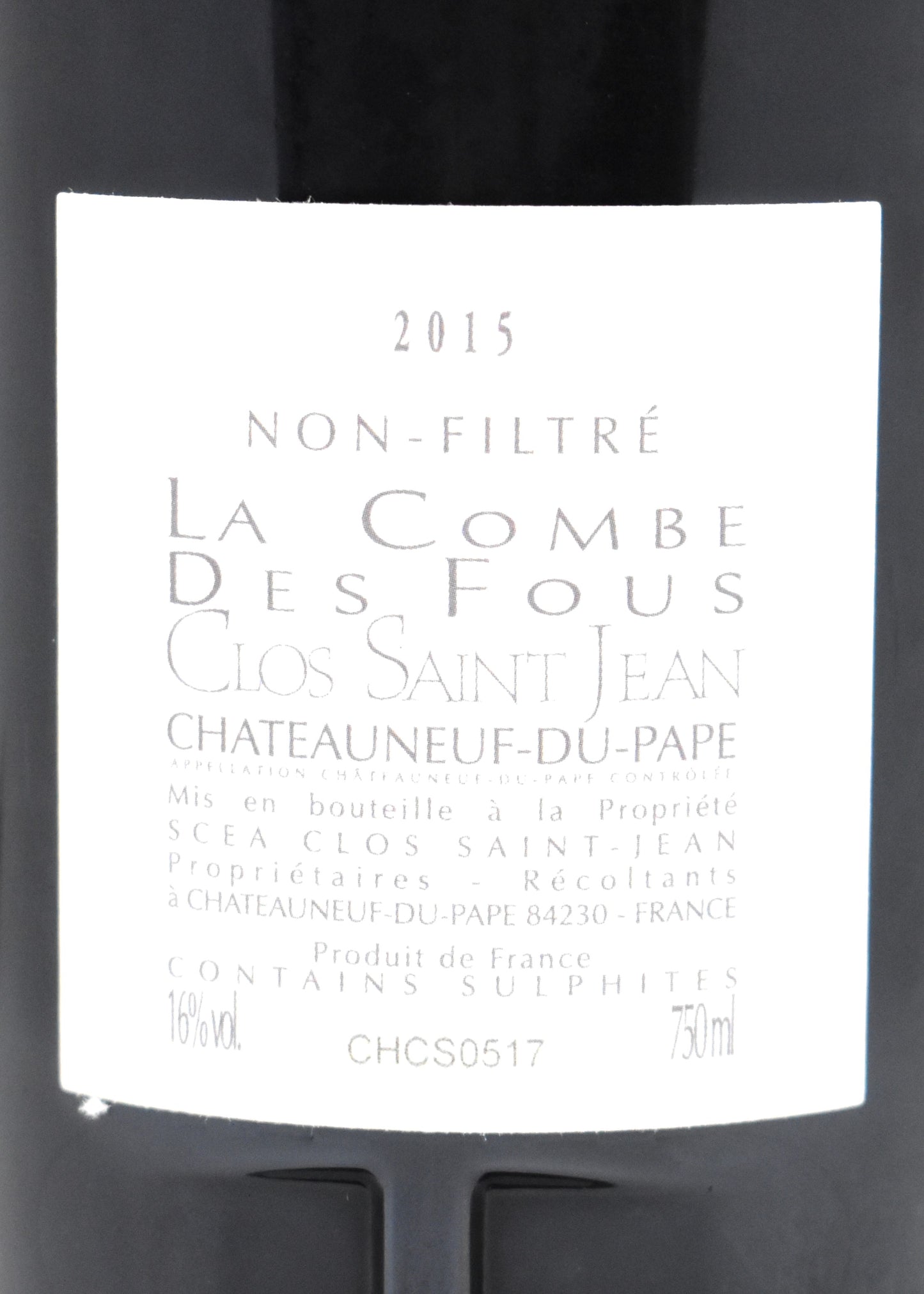 Bouteille de Châteauneuf du Pape noté 98 100 Parker La Combe des Fous 2015 Clos Saint Jean