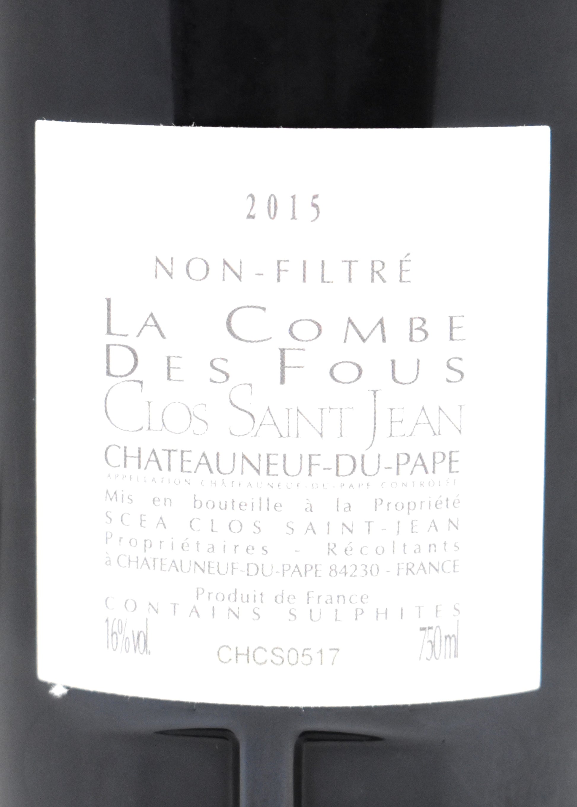 Bouteille de Châteauneuf du Pape noté 98 100 Parker La Combe des Fous 2015 Clos Saint Jean
