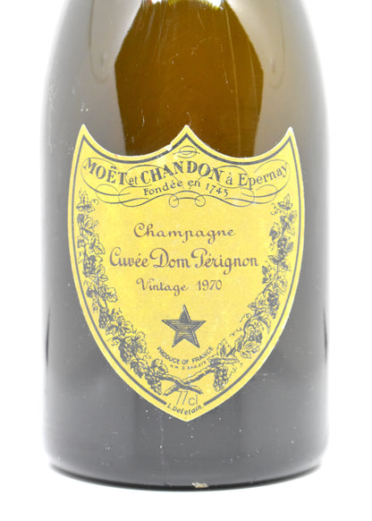Close up authentic vintage label Champagne Dom Perignon 1970