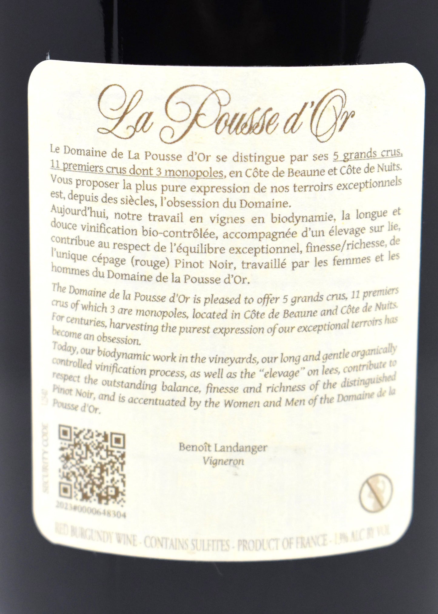 Vin de garde La Pousse d'Or 2017 Santenay 1er Cru Clos de Tavannes millésime rare
