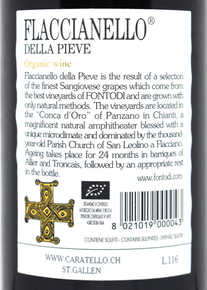 Gros plan contre etiquette d origine Fontodi bio acheter une bouteille de Flaccianello della Pieve 2013