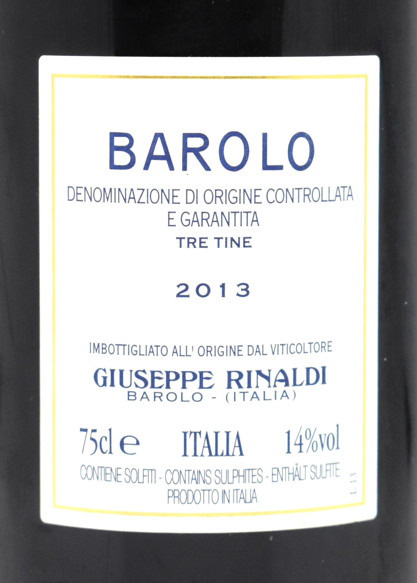 Flacon rare vin traditionnel Nebbiolo assemblage Cannubi Ravera Giuseppe Rinaldi Barolo Tre Tine 2013