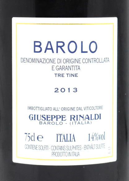 Flacon rare vin traditionnel Nebbiolo assemblage Cannubi Ravera Giuseppe Rinaldi Barolo Tre Tine 2013