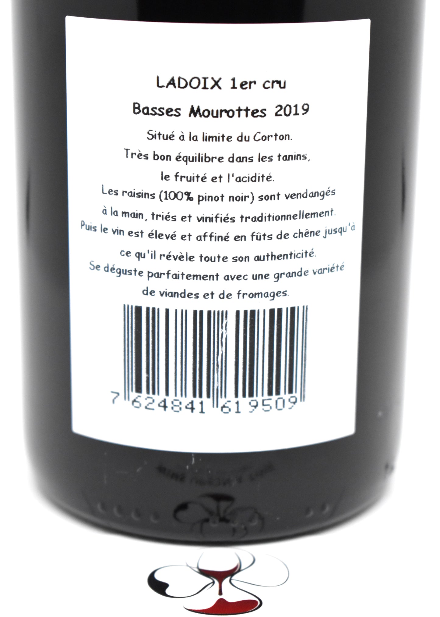 Contre-étiquette et descriptif d'origine de la bouteille de Ladoix 1er Cru Les Basses Mourottes 2019