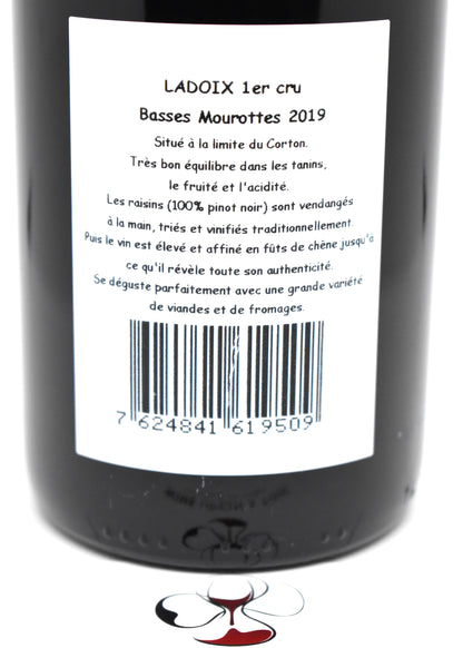 Contre-étiquette et descriptif d'origine de la bouteille de Ladoix 1er Cru Les Basses Mourottes 2019