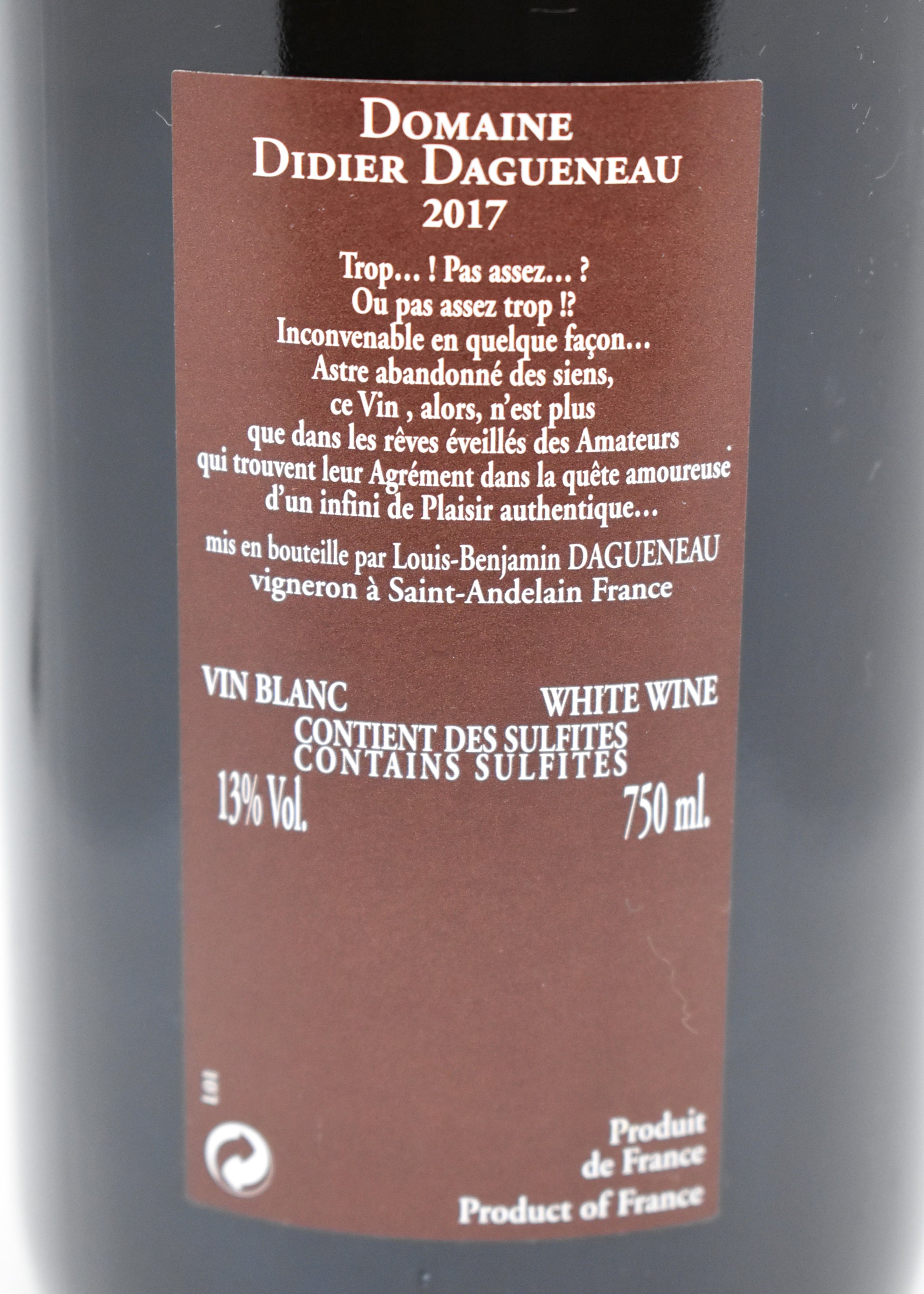 Sauvignon blanc de Loire 2017, Pur Sang, parfait pour surprendre en dégustation de grands blancs