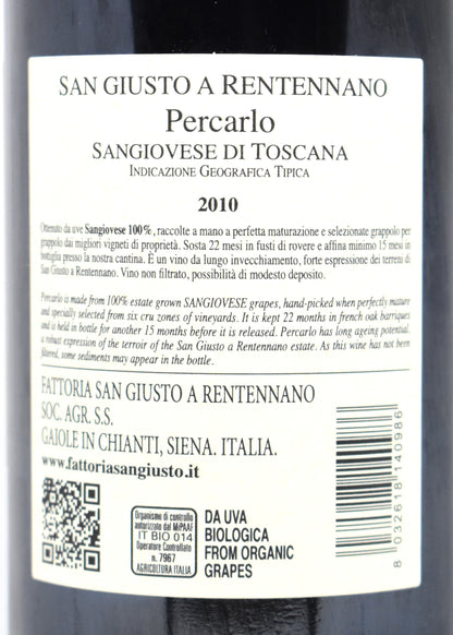 Flacon bio 100 pour cent Sangiovese non filtré San Giusto a Rentennano acheter une bouteille de Percarlo 2010