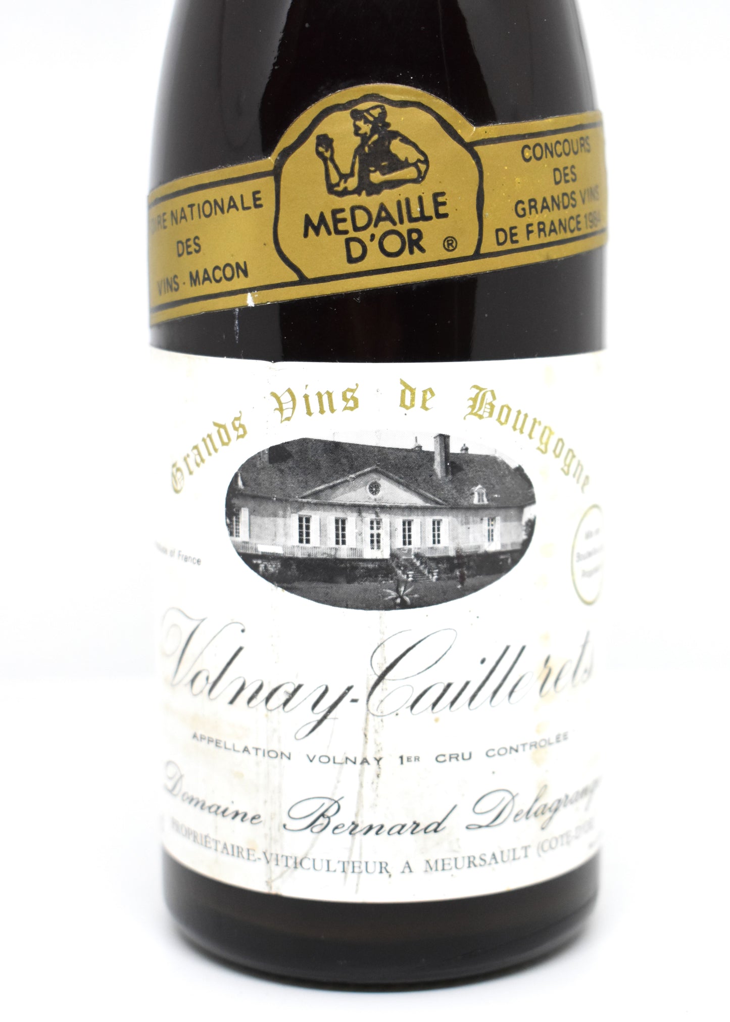 Étiquette Bernard Delagrange Volnay 1982 vieillie tâchée lisible